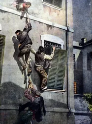 Een gedurfde ontsnapping van vier gevangenen uit de gevangenis van Asti na het doorbreken van de muur. Tekening door Beltrame. La Domenica del Corriere. 1902