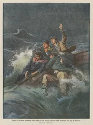 Agonie van vier schipbreukelingen op de kiel van een boot geslagen door de storm, op het Meer van Genève