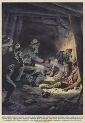 Enkele grenssoldaten, die een doorgang hadden gemaakt in de lawine die de toegang tot een tunnel blokkeerde