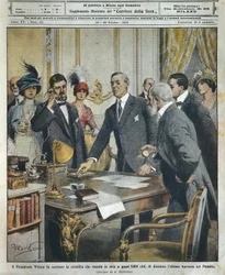 Amerikaanse president Woodrow Wilson ontsteekt telegrafisch de ontploffing die de laatste barrière naar het Panamakanaal 6000 kilometer verderop vernietigde