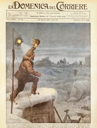 Amerikaanse ontdekkingsreiziger, Richard E Byrd, vergezeld door metgezellen in Antarctica na vijf maanden alleen te zijn geweest, door Achille Beltrame, illustratie, Illustrator Achille Beltrame (1871-1945), uit La Domenica del Corriere, 26 augustus 1934