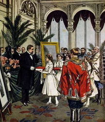 Jubileum van auteur van Quo Vadis?, overhandiging van geschenken aan Sinkievicz in Warschau, illustratie door Achille Beltrame, La Domenica del Corriere, nr. 3, 20 januari