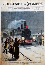 Aankomst van de nieuwe eeuw, mensen verwelkomen de nieuwe eeuw met vreugde, illustratie door Achille Beltrame (1871-1945), uit La Domenica del Corriere, 6 januari