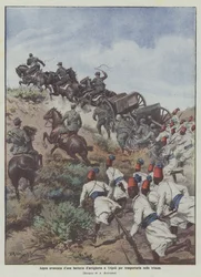 Moeizame opmars van een artilleriebatterij in Tripoli om deze naar de loopgraven te vervoeren