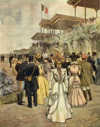 Bij de paardenraces in San Siro (Milaan), door Achille Beltrame (1871-1945), uit La Domenica del Corriere, 4 juni 1899