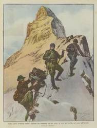 Gedurfde daad van menselijke energie, bergbeklimmer die met twee gidsen de top van de Matterhorn bereikt in de winter