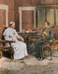Benito Mussolini in vergadering met paus Pius XI op 11 februari