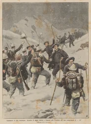 Nieuwjaar in de hoge bergen, ontmoeting van Italiaanse en Franse alpini aan de grens bij een temperatuur van -16°C
