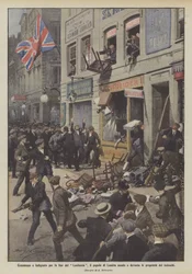 Geschokt en verontwaardigd door het einde van de Lusitania, bestormt en verwoest het volk van Londen de eigendommen van de Duitsers