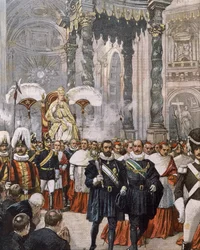Kroning van paus Pius X in de Sint-Pietersbasiliek, Vaticaanstad, illustratie door Achille Beltrame uit La Domenica del Corriere