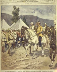 Omslagillustratie van Generaal Cronje die zich overgeeft aan Maarschalk Roberts tijdens de Anglo-Zulu en Anglo-Boerenoorlogen van 1850-1902