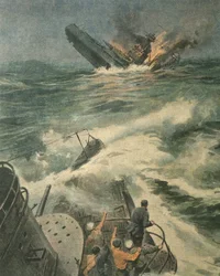 Omslagillustratie van Maryland-klasse Amerikaans slagschip gezonken door Italiaanse onderzeeër Barbarigo in de Atlantische Oceaan, tijdens de Tweede Wereldoorlog