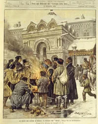 Omslagillustratie van Mujiks die Kerstmis vieren in de straten van Sint-Petersburg, Rusland