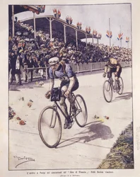 Omslagillustratie van aankomst Tour de France-rijders, met Petit-Breton winnaar; Parijs, Frankrijk