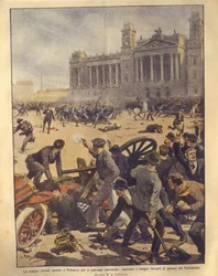 Omslagillustratie van gevechten op het Parlementsplein tijdens de opstand in Boedapest