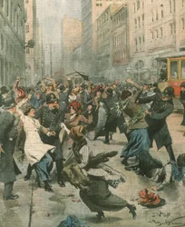 Omslagillustratie van vrouwen die protesteren tegen werkloosheid op straat; New York, VS