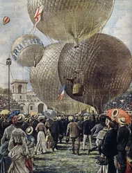 Vertrek van luchtballon op Milan Air Show, illustratie door Achille Beltrame uit La Domenica del Corriere, 19 juni