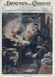 Stierf in zijn laboratorium in Napels door Giuseppe Mercalli, Italiaanse seismoloog en vulkanoloog. Illustratie door Achille Beltrame voor 