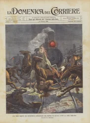 Twee treinen die een kudde paarden aanrijden en verpletteren langs de lijn Rome-Pisa