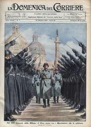 Duce Benito Mussolini inspecteert de "musketiers" van de Vrijwillige Militie voor Nationale Veiligheid in Rome. Illustratie van Achille Beltrame in "La Domenica del Corriere", 14/02/1937.