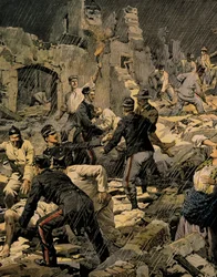 Aardbeving in Calabrië, door Achille Beltrame, uit La Domenica del Corriere