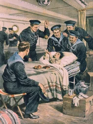 Aardbeving in Messina, kind gered door marine, illustratie door Achille Beltrame