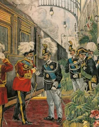 Edward VII, Koning van Engeland, arriveert in Rome, door Achille Beltrame, illustratie, Illustrator Achille Beltrame, uit La Domenica del Corriere