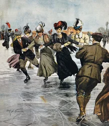 Modieuze tijdverdrijven, schaatsen, illustratie door Achille Beltrame, uit La Domenica del Corriere, 27 januari