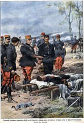 Episode van de oorlog van 1914: Generaal Noel Edouard de Curieres de Castelnau (1851-1944), commandant van het Franse leger in Lotharingen, zweert bij het lichaam van zijn dode zoon om hem te wreken. Illustratie door Achille Beltrame in "La Domenica del Co