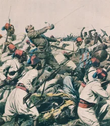 Ethiopische aanval op het garnizoen van Lugh en de dood van kapitein Bongiovanni, door Achille Beltrame, illustratie, Achille Beltrame (1871-1945), uit La Domenica del Corriere
