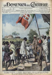 Fascisme 1937: Bijeenkomsten in Gambela, het handelscentrum van het Ethiopische Rijk, van inheemse hoofden en persoonlijkheden om een toetredingsakte tot de Italiaanse regering te maken. Illustratie van Achille Beltrame in 