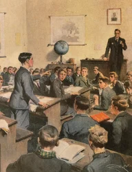 Strijd tegen analfabetisme, kinderen op school, door Achille Beltrame, illustratie
