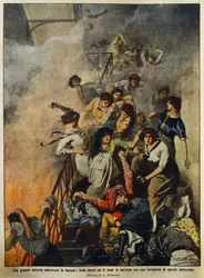 Brand in grote Amerikaanse textielfabriek: arbeiders op trap, illustratie door Achille Beltrame, uit La Domenica del Corriere, 10 augustus