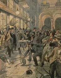 Algemene staking van arbeiders in Milaan, rellen in Galleria Vittorio Emanuele II, door Achille Beltrame, illustratie, Illustrator Achille Beltrame (1871-1945), uit La Domenica del Corriere