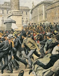 Algemene staking van arbeiders in Rome, door Achille Beltrame, illustratie, Illustrator Achille Beltrame (1871-1945), uit La Domenica del Corriere