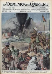 Grote Arabische Opstand van 1936-1939 in Palestina: opstand van Palestijnse Arabieren voor de oprichting van een onafhankelijke staat in Mandaat-Palestina tegen het Britse gezag. De Engelsen bliezen Palestijnse huizen op. Illustratie van Achille Beltram
