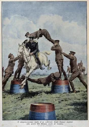 Paardenspringen: Engelse Huzaren bij de Londense Toernooiproeven - tekening van A. Beltrame, in 