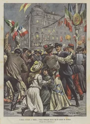 De koninklijke familie van Italië in Parijs, volksdansen op de straten als teken van vreugde