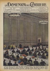 De Duce bood een lunch aan in de Sala Regia van het Palazzo Venezia aan ongeveer zevenhonderd arbeiders