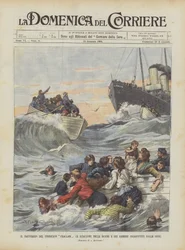 Het schipbreuk van de stoomboot Ckallam, de reddingsboten van vrouwen en kinderen opgeslokt door de golven