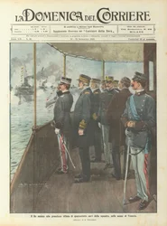 De koning woont de grootse parade van achtenveertig schepen van de vloot bij, in de wateren van Venetië