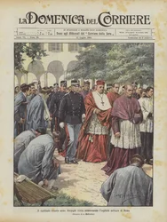 De kardinaal vicaris monseigneur Respighi bezoekt plechtig het militair hospitaal van Rome