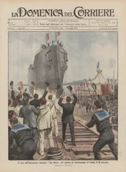 De tewaterlating van de gepantserde kruiser San Marco van de werf van Castellammare di Stabia, op 20 mei