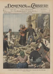 De oude pastoor van het dorp Faro bij Messina redt het Allerheiligste uit de ruïnes van de kerk