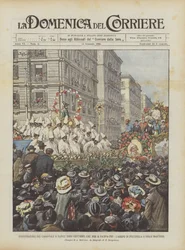 Opening van het carnaval in Napels na twintig jaar dat het niet meer werd gehouden, de aankomst van Pulcinella en de maskers