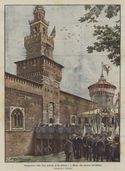 Inhuldiging van de toren gewijd aan koning Umberto I, in Milaan, in aanwezigheid van de vorsten