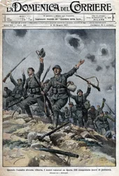 Italiaans leger overwint Oostenrijks-Hongaarse troepen op de Karstbergen in Slovenië. De Italianen vorderden zo richting Triëst. Ill. de Beltrame. La Domenica del Corriere. 06/1917