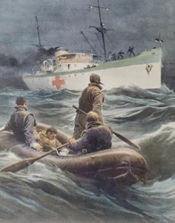 Italiaans hospitaalschip neemt gewonden aan boord, door Achille Beltrame, illustratie, Illustrator Achille Beltrame (1871-1945), uit La Domenica del Corriere, 23 maart 1941