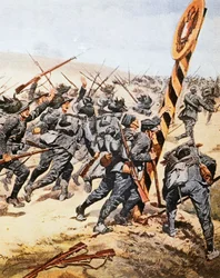 Italiaanse soldaten steken Oostenrijkse grens over, illustratie uit La Domenica del Corriere, juni 1915