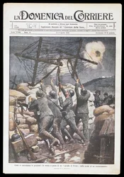 Italiaanse soldaten plaatsen Friese hengst in loopgraaf, plaat door Achille Beltrame voor Domenica del Corriere, 2-9 april 1916, Eerste Wereldoorlog, Italië, 20e eeuw
